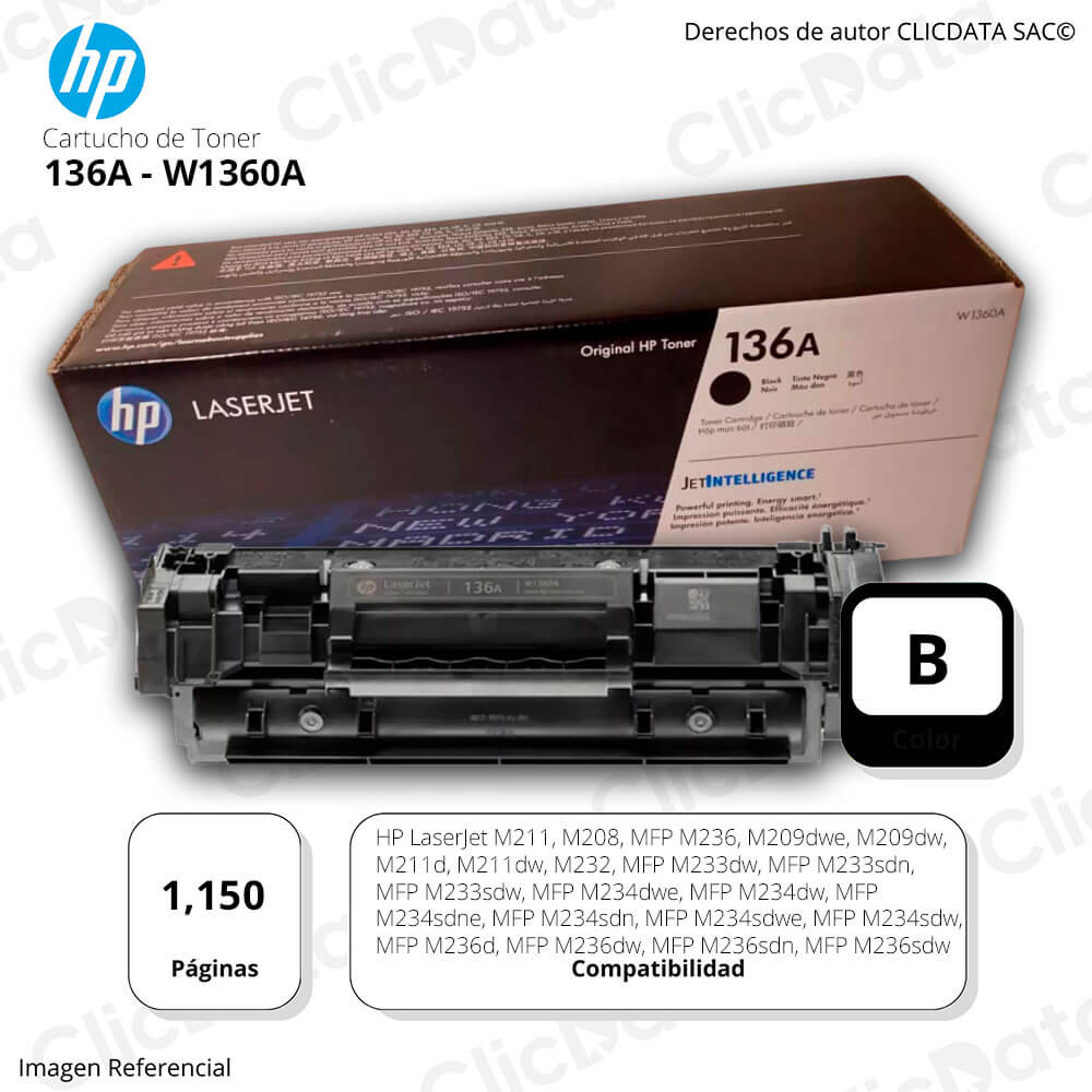 Toner HP 136A W1360A Black 1,150 Pág M211, M236dw Original