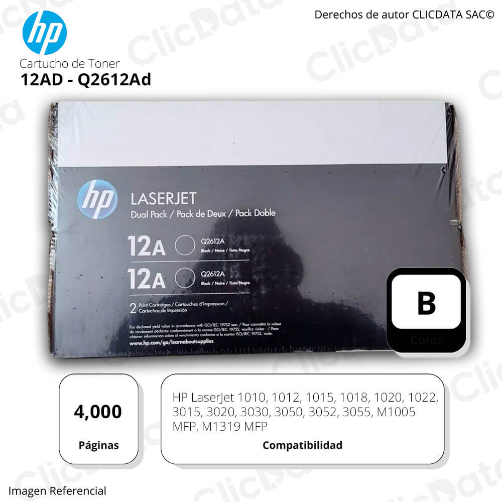 Toner Hp 12AD Negro Q2612AD 4,000 Pág. M1319, M1005 Original