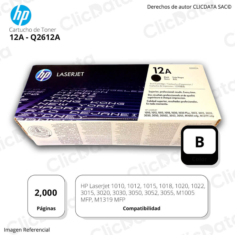 Tóner HP 12A Negro Q2612A 2,000 Pág. M1319, M1005 Original