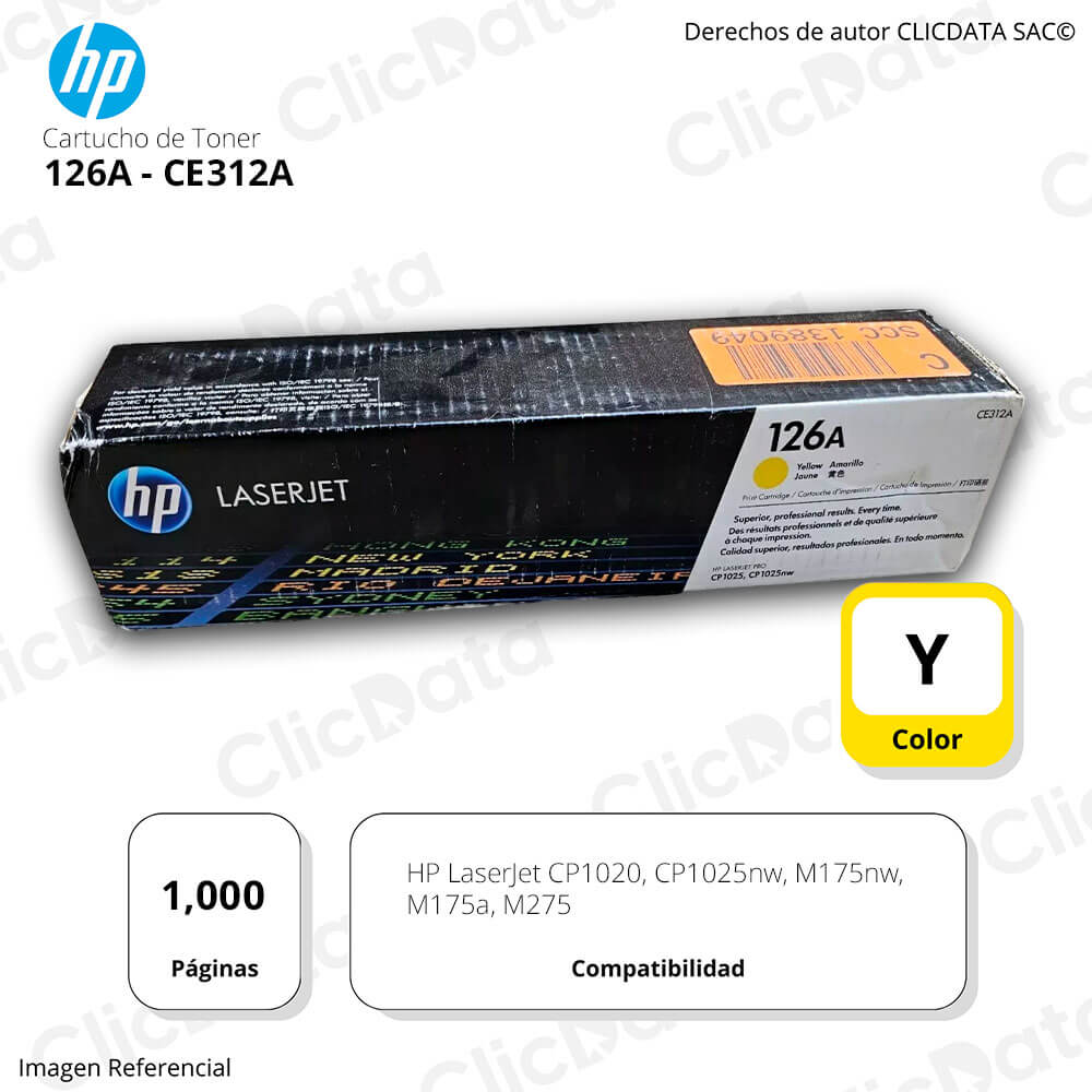 Toner HP 126A CE312A Yellow 1,000 Pág CP1025nw, M175nw Original