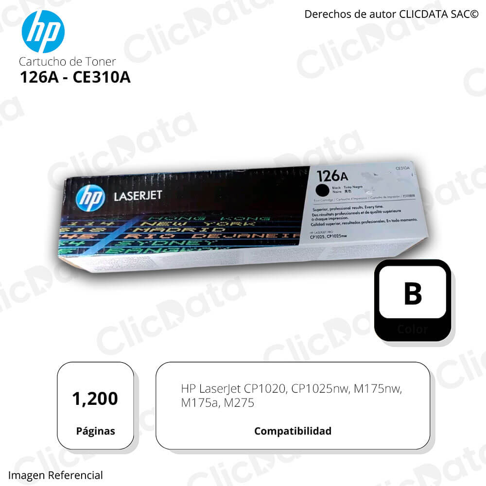 Toner Hp 126A Negro Ce310A 1,200 Pág. CP1025nw, M175nw Original