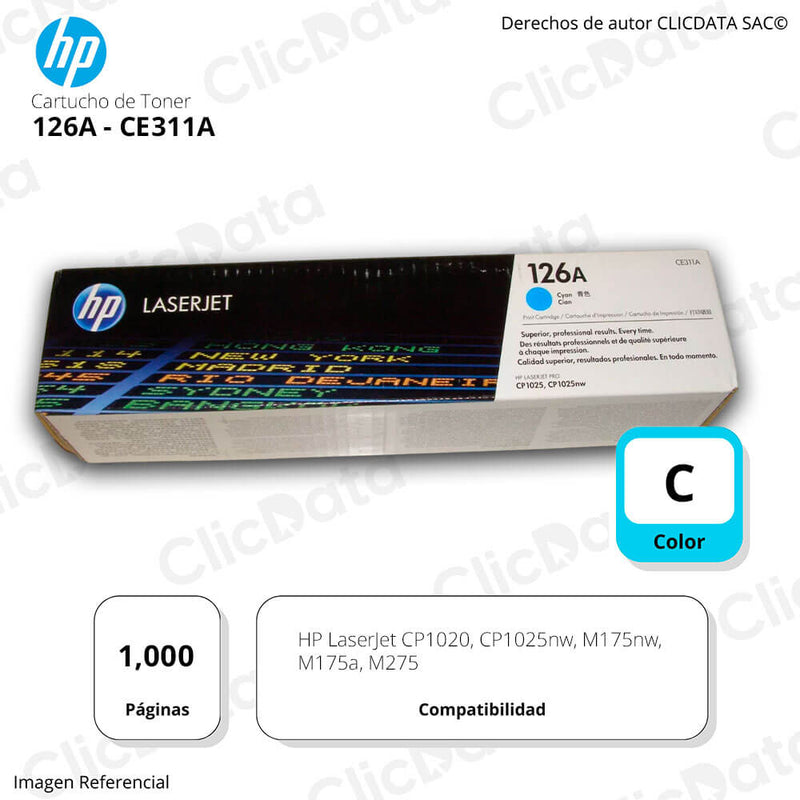 Toner Hp 126A Cyan Ce311A 1,000 Pág CP1025nw, M175nw Original