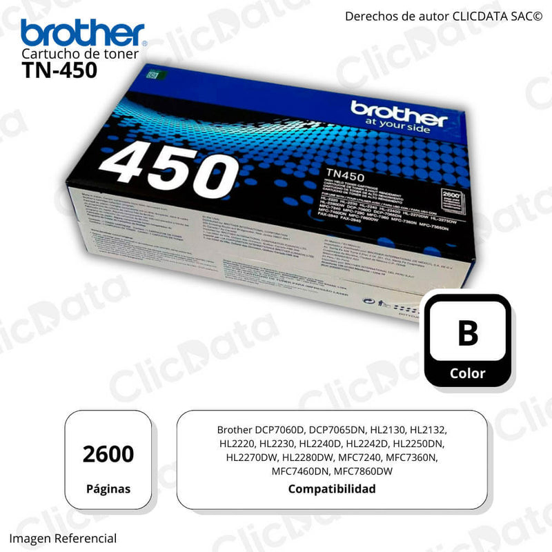 Toner Brother TN 450 Negro 2,600 Pág. hl 2130, hl2280 Original