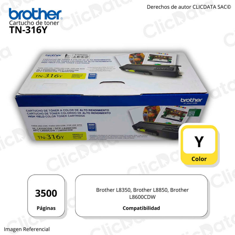 Toner Brother TN 316Y Yellow 3,500 Pág. L8350, L8850 Original