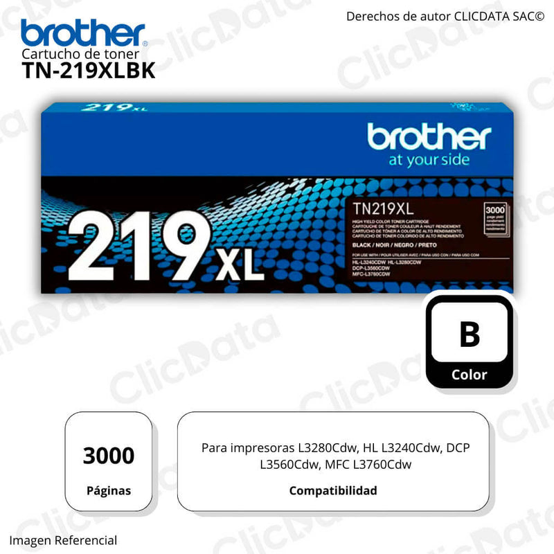 Toner Brother TN 219Xlbk Negro 3,000 Pag L3280Cdw, L3760 Original