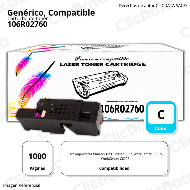 Toner Xerox 106R02760 Cyan 1,000 Pág. WC 6025, 6027 Compatible
