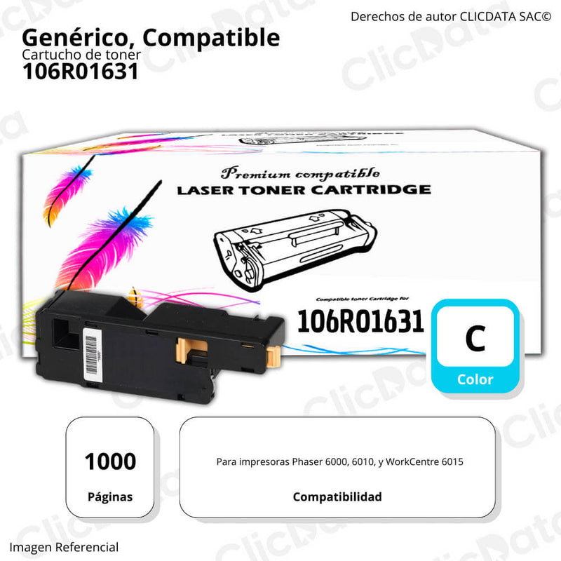 Toner Xerox 106R01631 Cyan 1,000 Pág. WorkCentre 6015 Compatible