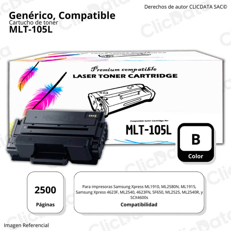 Toner Samsung MLT 105L Negro 2,500 Pág. ML-1910, 1915 Compatible