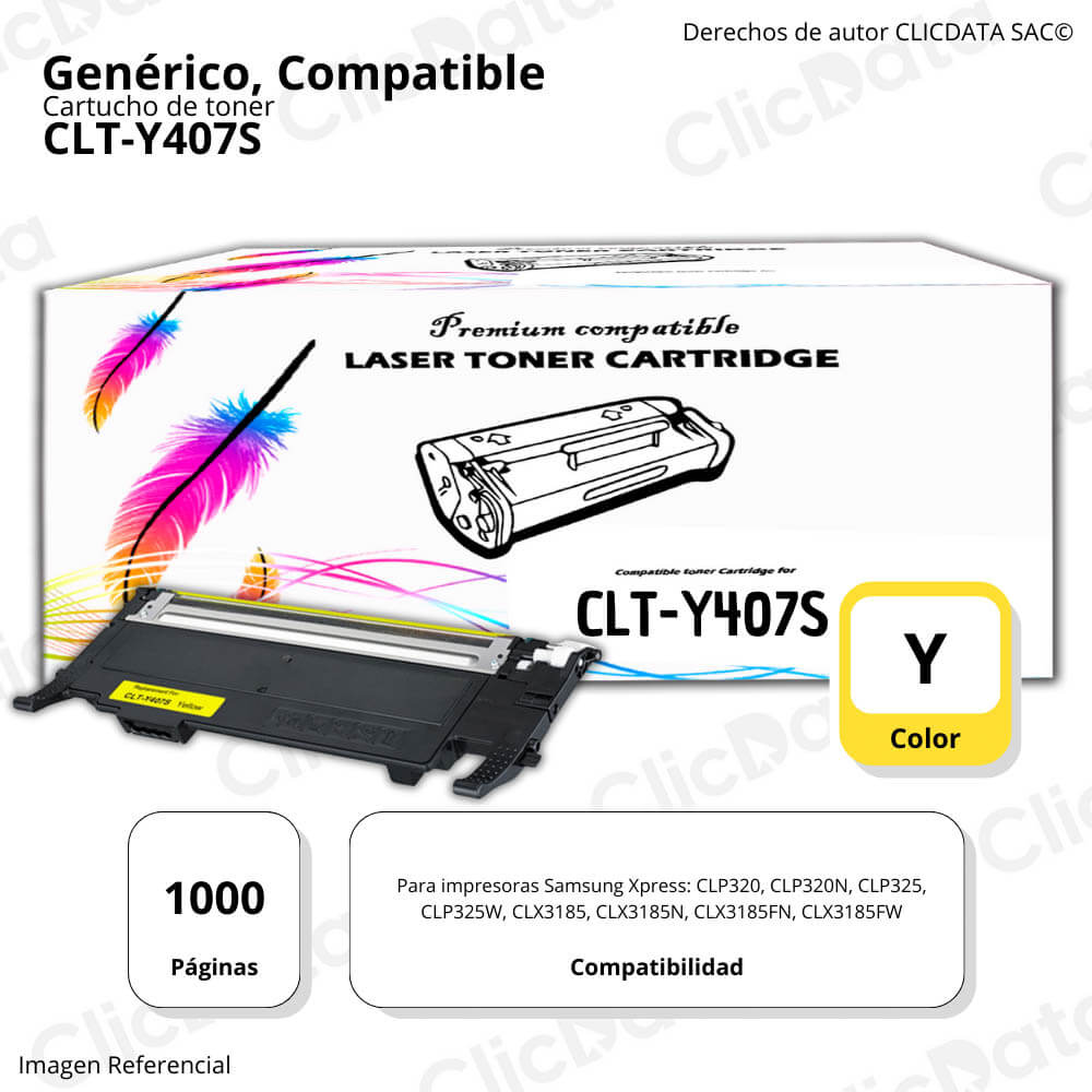 Toner Samsung CLT Y407S Yellow 1,000 Pág. CLX3185FW Compatible