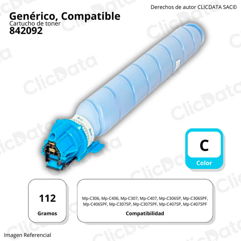 Toner Ricoh 842092 Cyan 112g MP C306. MP C406, C407 Compatible
