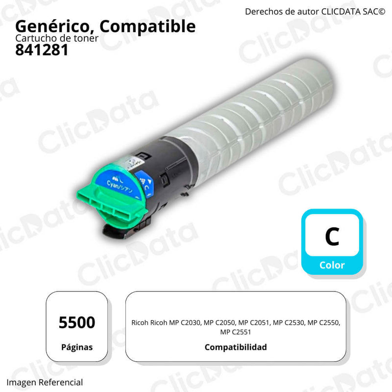Toner Ricoh 841281 Cian 148g MP-C2030, MP C2050 Compatible