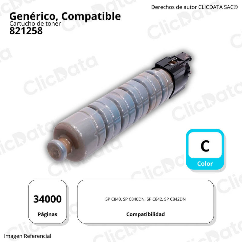 Toner Ricoh 821258 Cian 34K Pág. SP C840A Compatible, generico