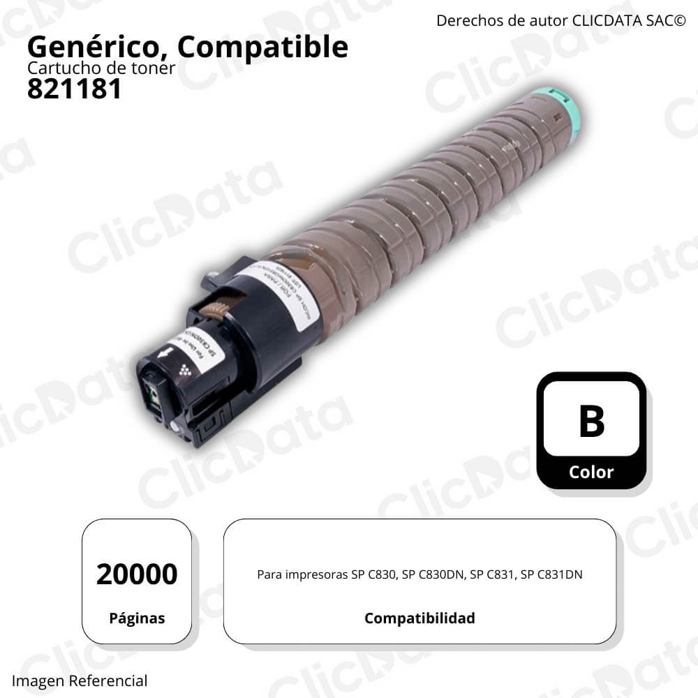 Toner Ricoh 821181 Negro 20K Pág. SP C830DN. C831DN Compatible