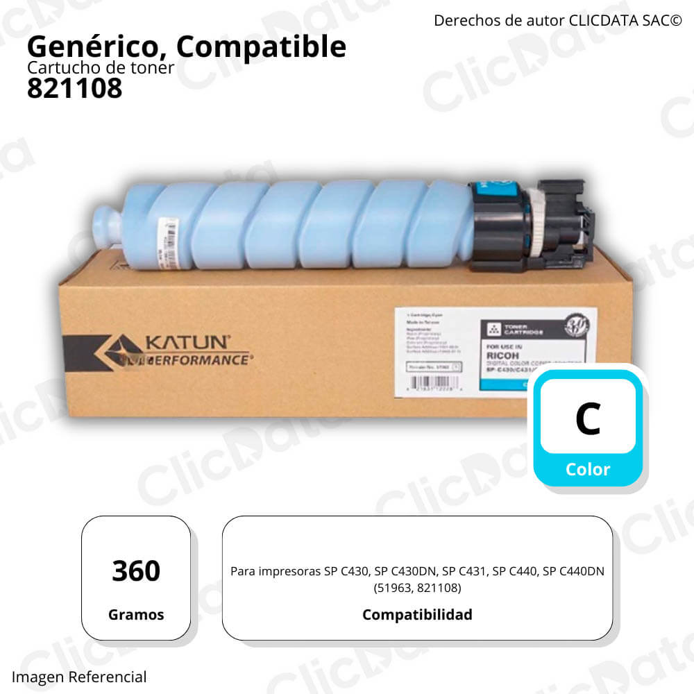 Toner Ricoh 821108 Cian 360g SPC430A, SPC431, C440 Compatible