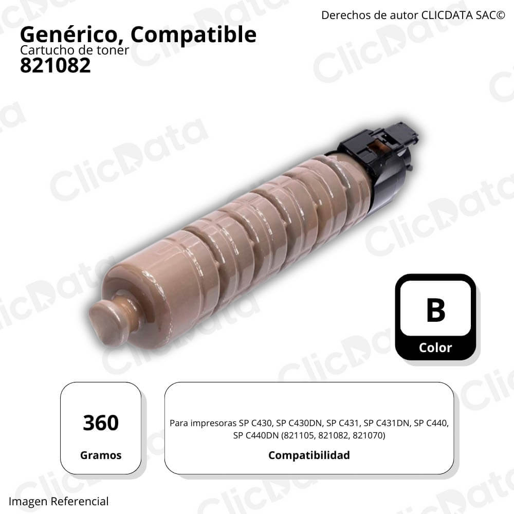 Toner Ricoh 821082 Negro 360g SPC430A. SPC431, C430dn Compatible