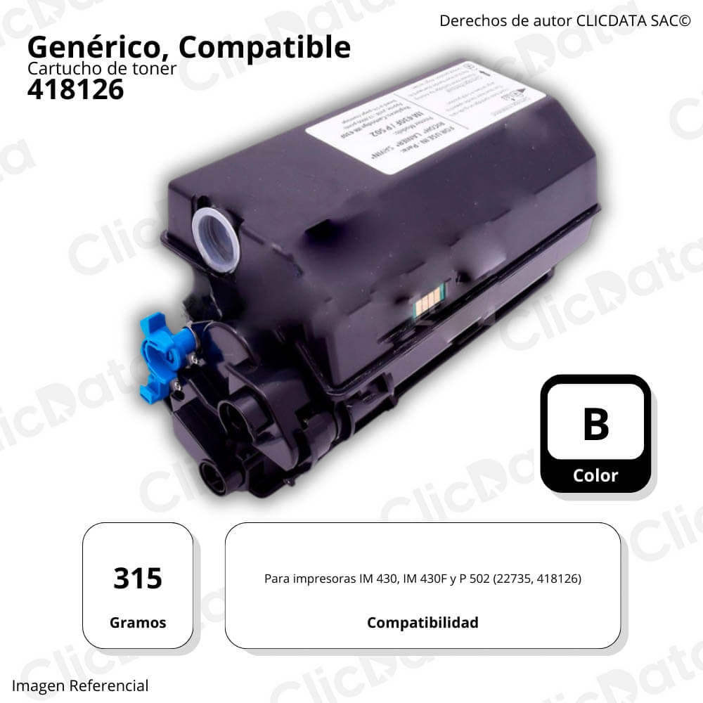 Toner Ricoh 418126 Negro 315g IM430, IM 430f, p502 Compatible