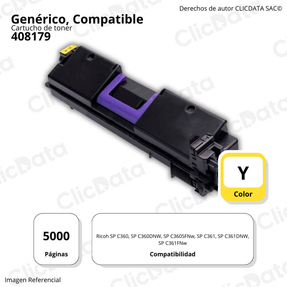 Toner Ricoh 408179 Yellow 5K Pág. SP C360. C361DNW Compatible