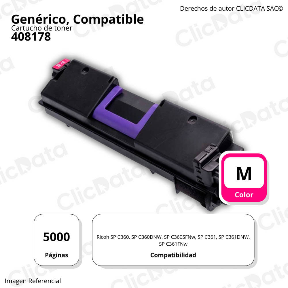 Toner Ricoh 408178 Magenta 5K Pág. C360. C361DNW Compatible
