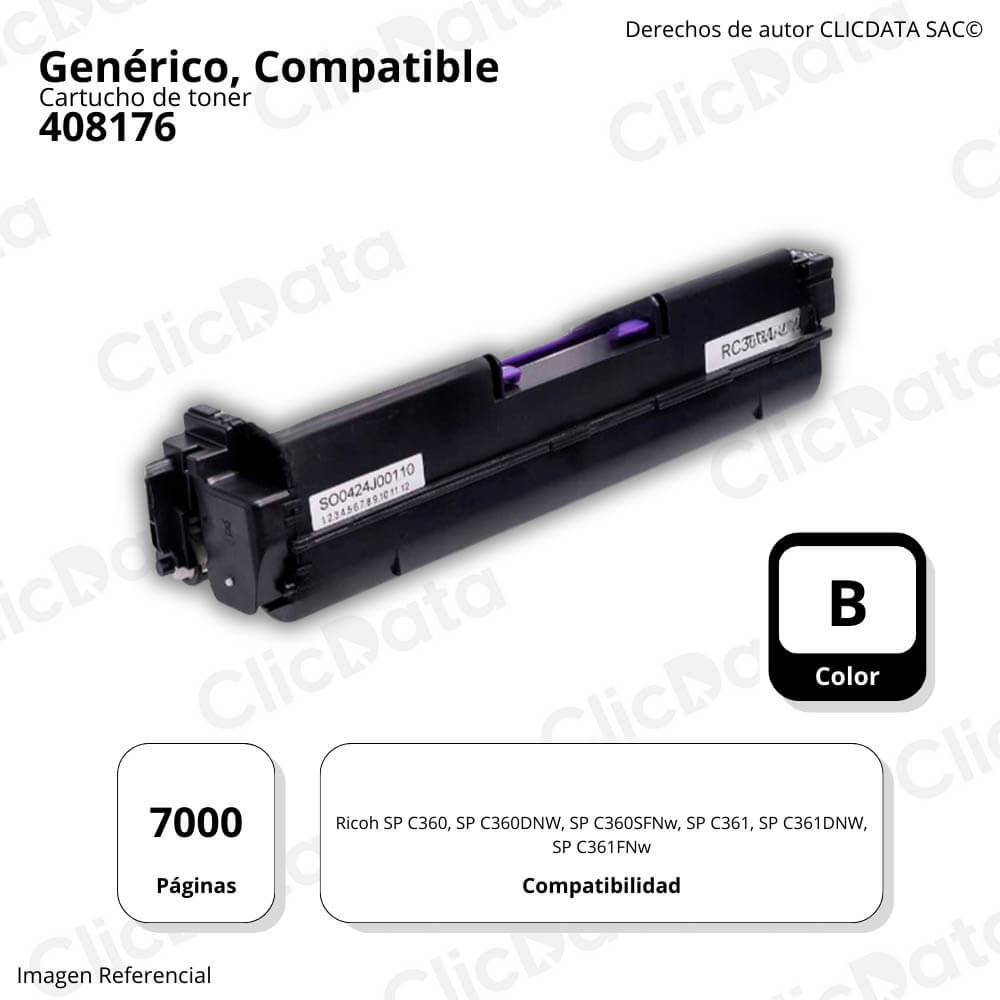 Toner Ricoh 408176 Negro 7K Pág. SPC360, SP C361DNW Compatible