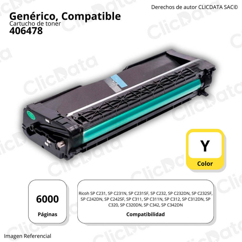 Toner Ricoh 406478 Yellow 6K Pág. SP C232, C242dn Compatible