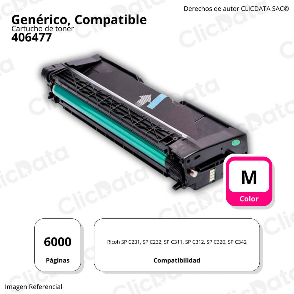 Toner Ricoh 406477 Magenta 6K Pág. SP C232, C242dn Compatible