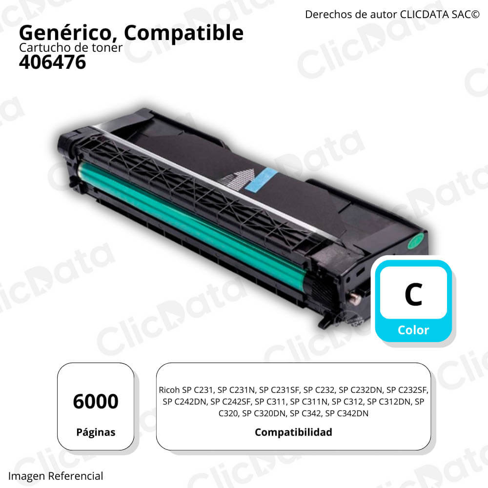 Toner Ricoh 406476 Cian 6K Pág. SP C231, C242dn Compatible