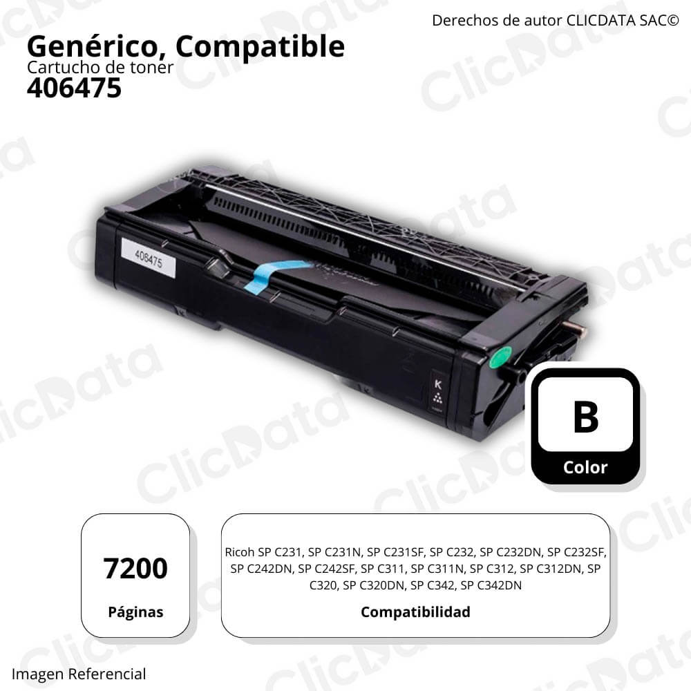 Toner Ricoh 406475 Negro 7.2K Pág. SP C231, C242dn Compatible