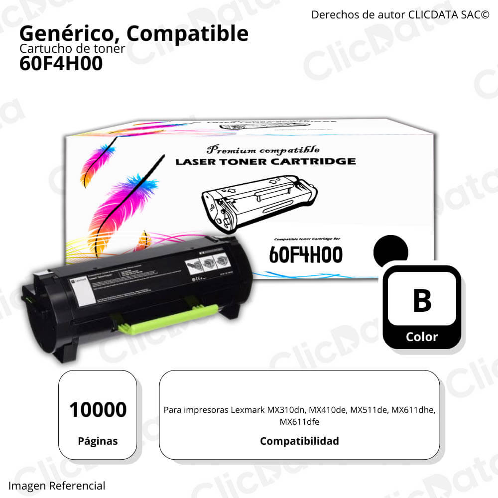 Toner Lexmark 60F4H00 Negro 10K Pág. MX510de, MX511de Compatible