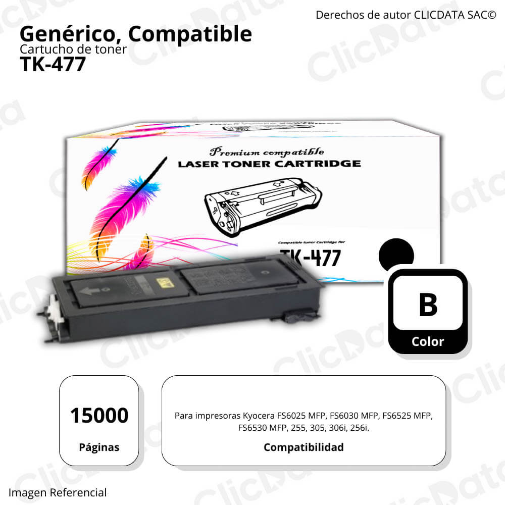 Toner Kyocera TK-477 Negro 15,000 Pág. FS6025, FS 6525 Compatible