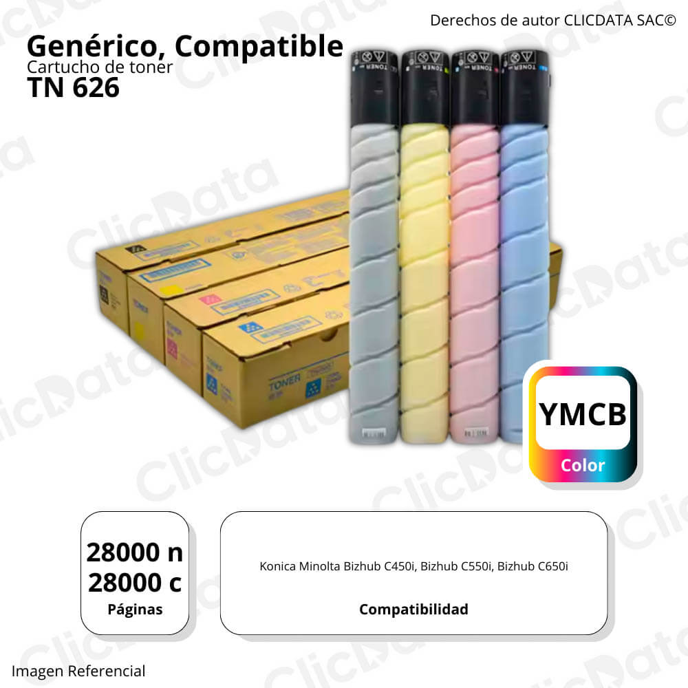 Juego de Toner Konica Minolta TN 626 CYMK 28K Pag 450i Compatible