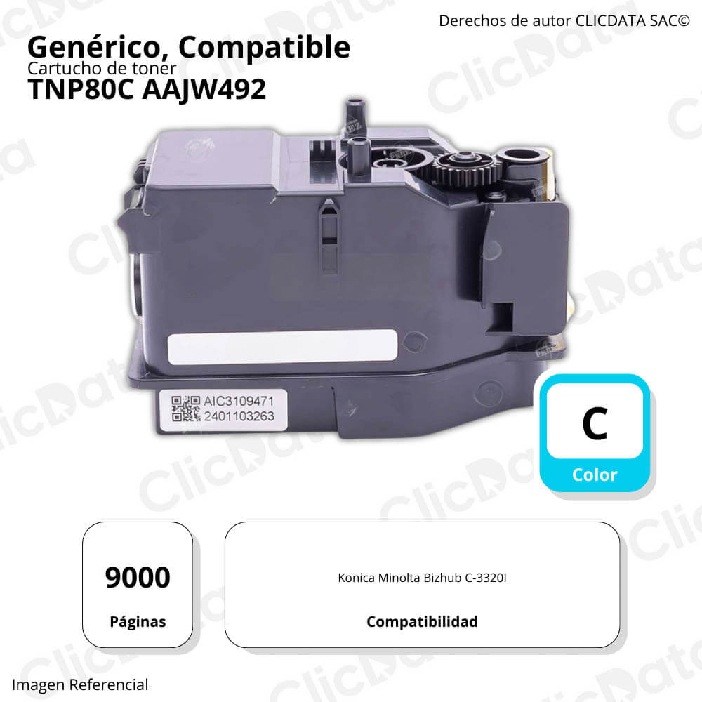 Toner Konica Minolta TNP80C Cian 9,000 Pág BH C3320I Compatible