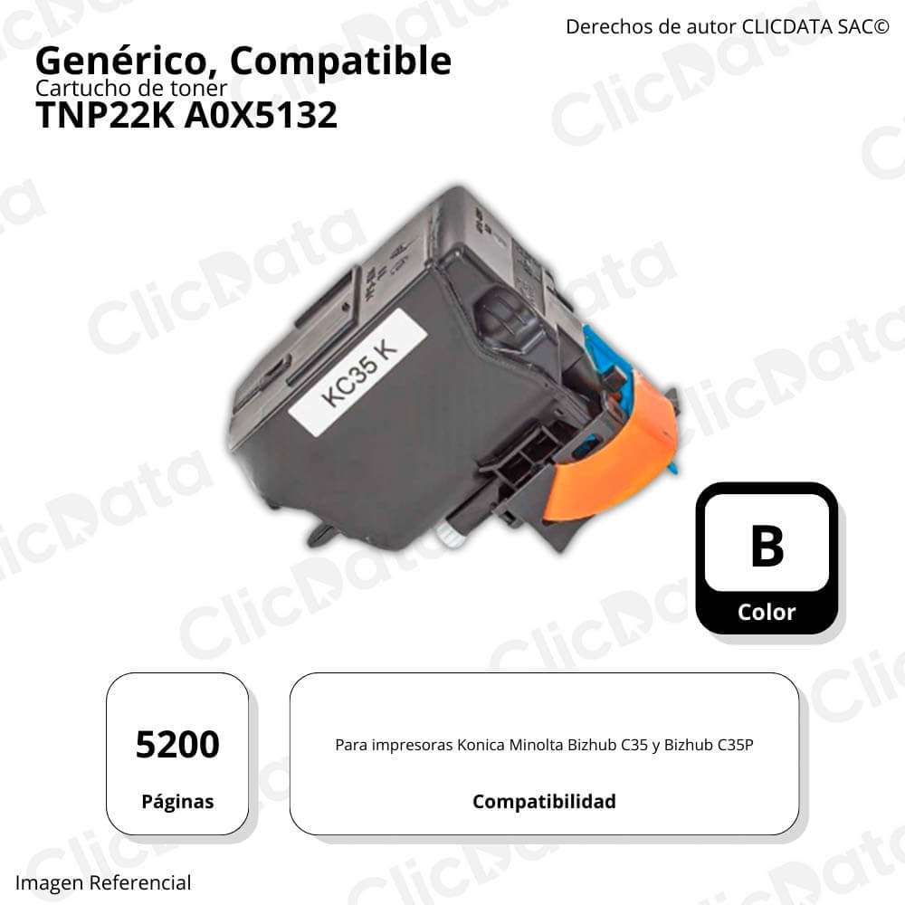 Toner Konica Minolta TNP22K Negro 5,200 Pág.  C35, C35P Compatible