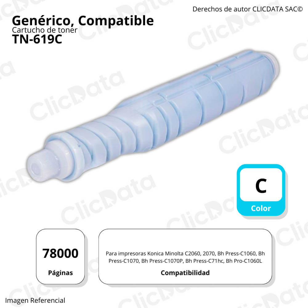 Toner Konica Minolta TN-619C Cian 1,200g C2060, C2070 Compatible
