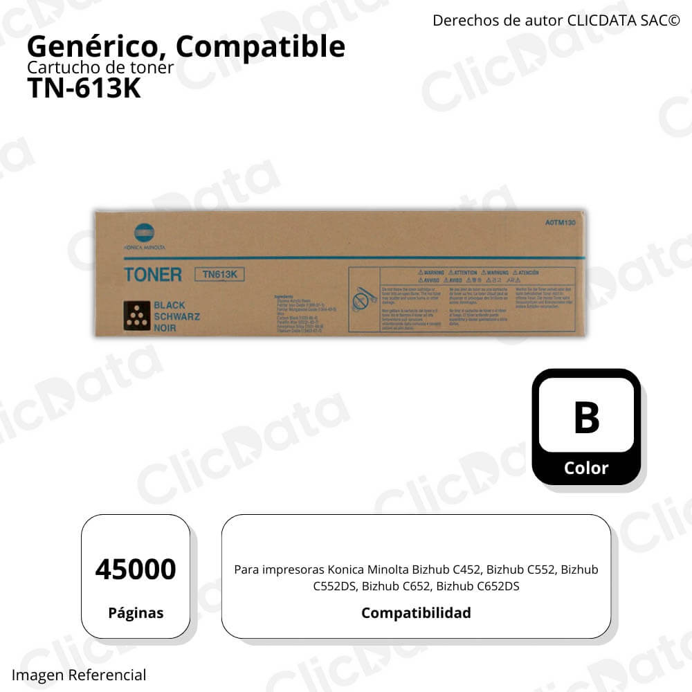 Toner Konica Minolta TN-613K Negro 900g C452, C552 Compatible