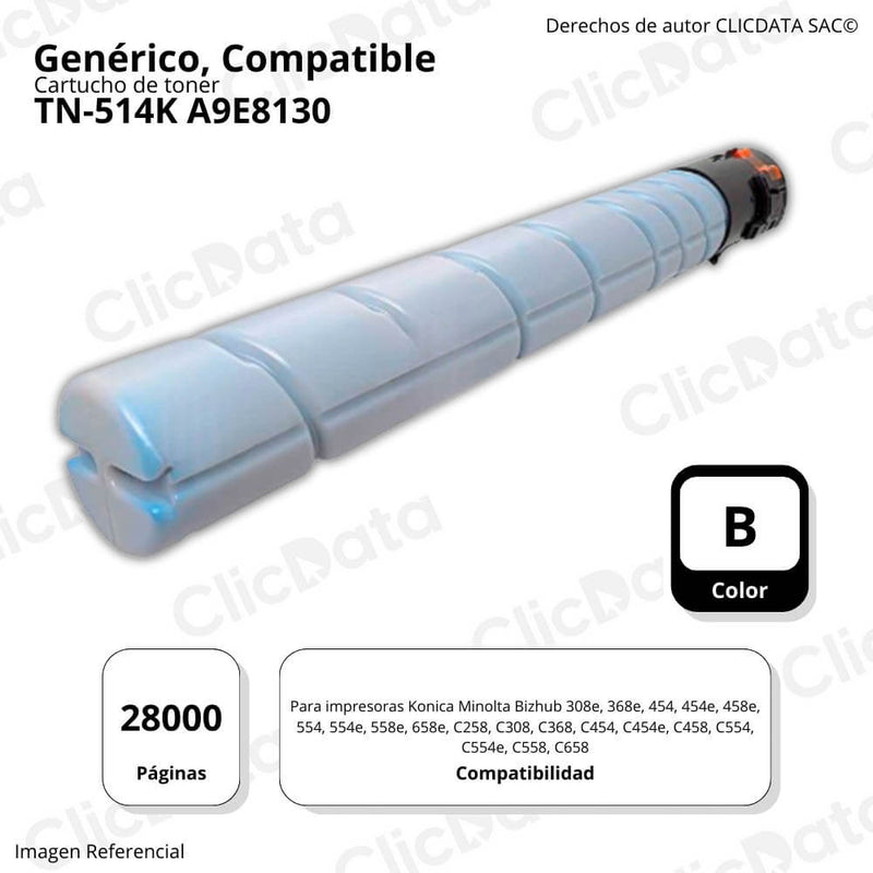 Toner Konica Minolta TN-514K Negro 525g C458, C658 Compatible