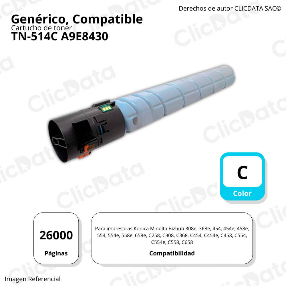 Toner Konica Minolta TN-514C Cian 525g C458, C658 Compatible