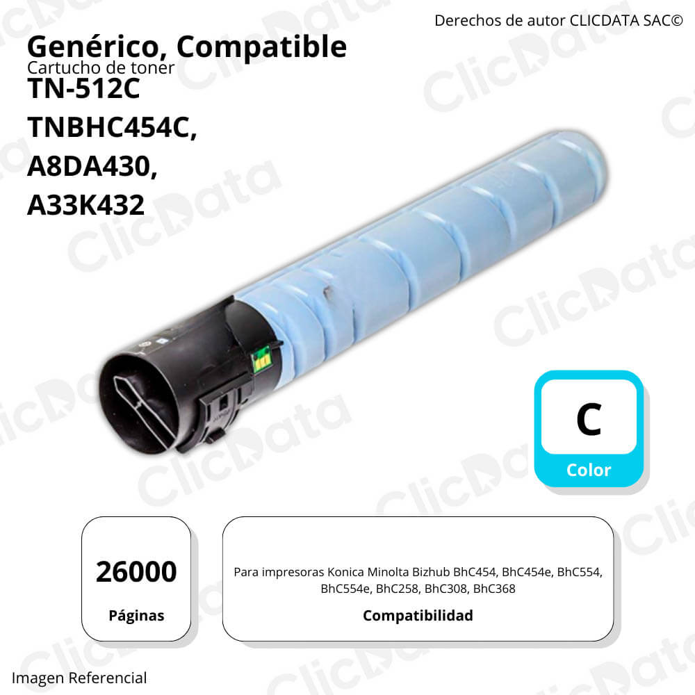 Toner Konica Minolta TN-512C Cyan 514g C454e, C458e Compatible