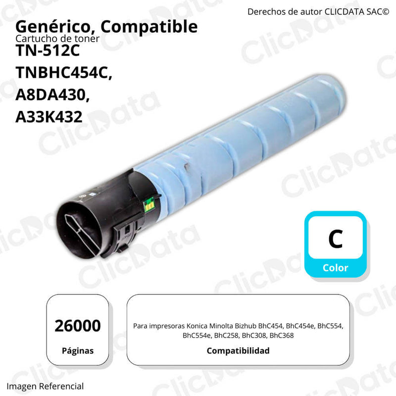 Toner Konica Minolta TN-512C Cyan 514g C454e, C458e Compatible