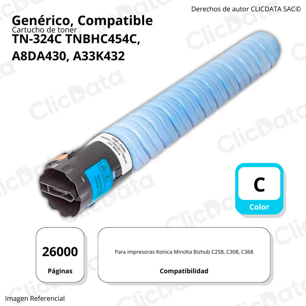 Toner Konica Minolta TN-324C Cian 514g BH C454,C368 Compatible