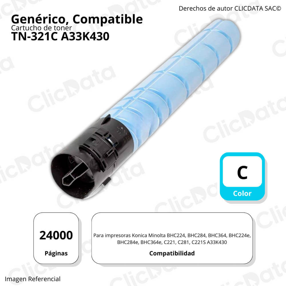 Toner Konica Minolta TN-321C Cian 527g C224, C284 Compatible