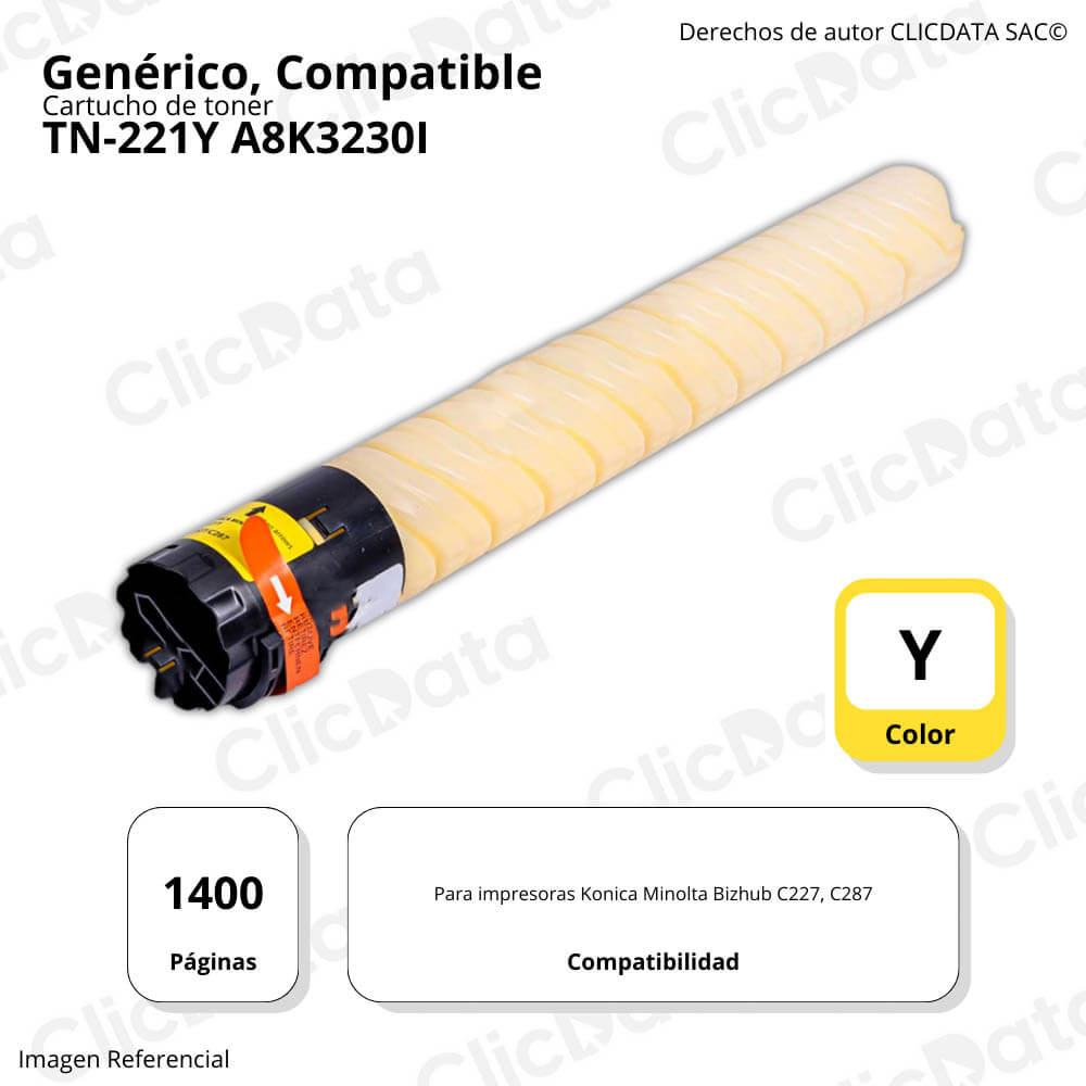 Toner Konica Minolta TN-221Y Yellow 509g C227, C287 Compatible