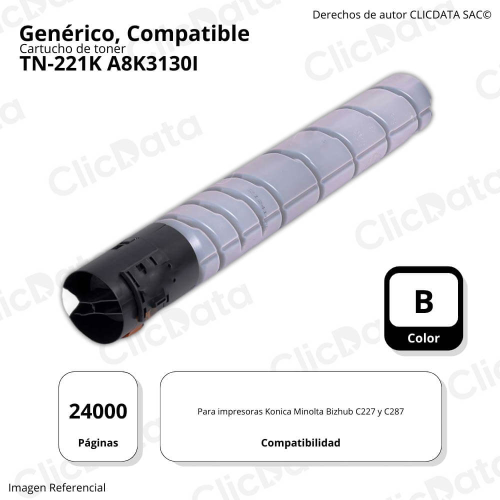Toner Konica Minolta TN-221K Negro 618g C227, C287 Compatible