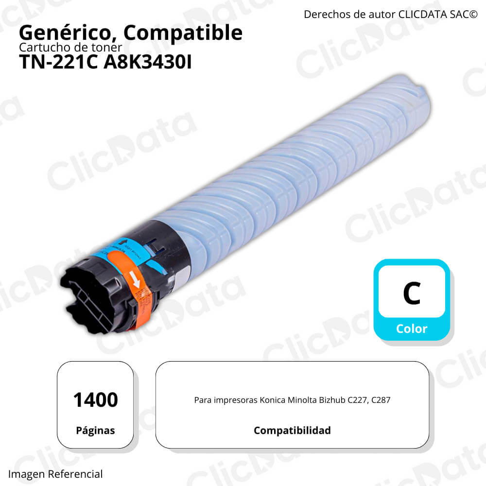 Toner Konica Minolta TN-221C Cian 509g C227, C287 Compatible