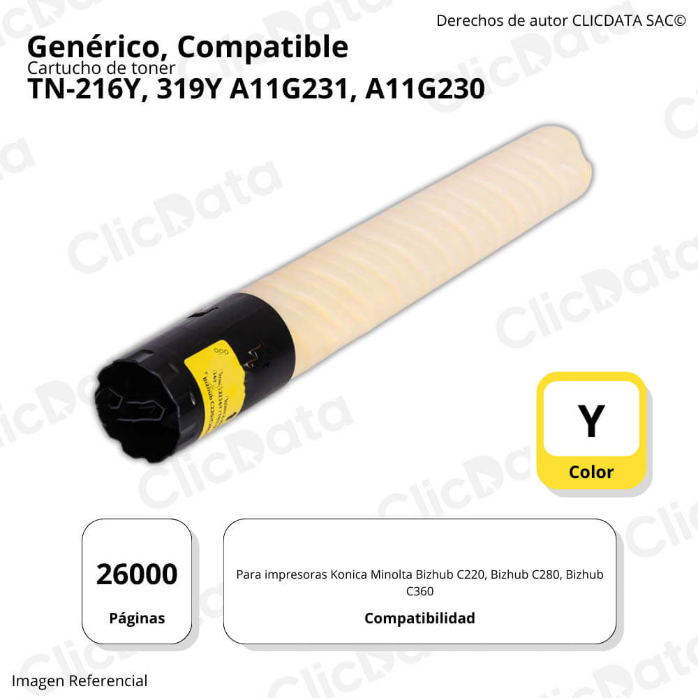 Toner Konica Minolta TN-216Y, 319Y Yellow 437g C220 Compatible