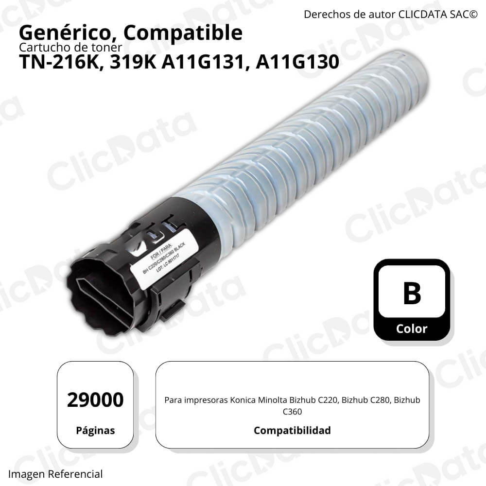 Toner Konica Minolta TN-216K, 319K Negro 524g C280 Compatible