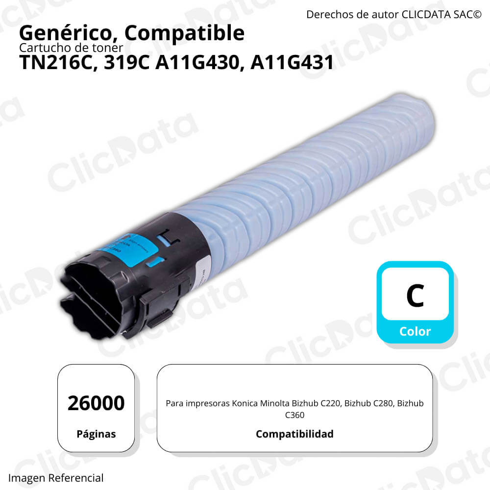 Toner Konica Minolta Tn216C, 319C Cyan 437g C280 Compatible