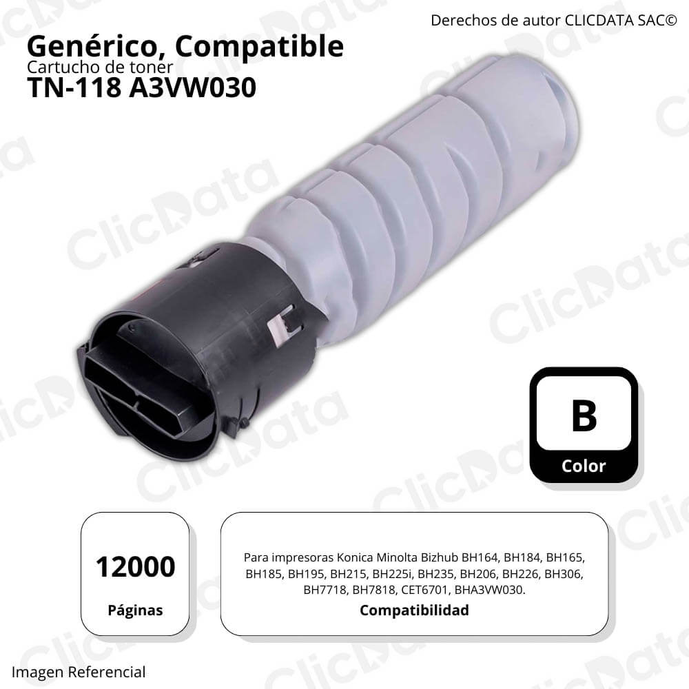 Toner Konica Minolta TN-118, Negro 282g BH 164, 226 Compatible