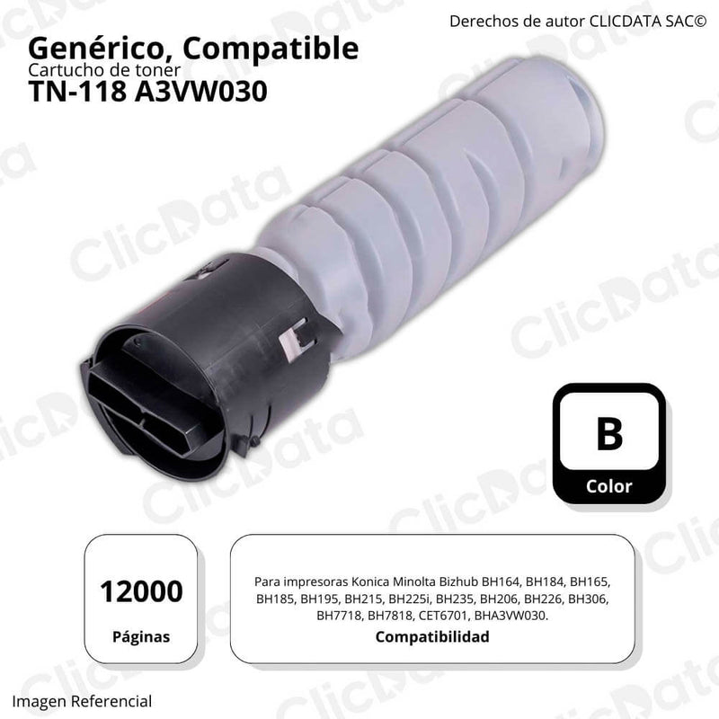 Toner Konica Minolta TN-118, Negro 282g BH 164, 226 Compatible