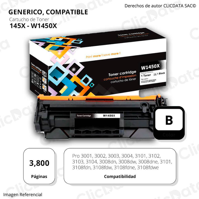 Toner HP 145X W1450X Negro 3,800 Pág 3001dw, 3103fdwCompatible
