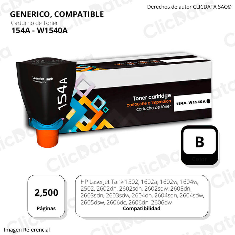 Toner HP 154A W1540A Negro 2,500 Pág 1502, 2602 Compatible